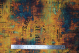 Flat swatch urban grunge fabric (dark yellow, blue, rust marbled look weathered fabric with faint black writing labels)