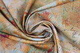 Swirled swatch writing specimen fabric (pale green and rust marbled look fabric with faint black cursive writing throughout)