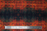 Flat swatch Saint Concerto fabric (burnt orange and black distressed look fabric with thin subtle yellow lines)