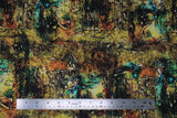 Flat swatch Dropcloth fabric (multi-tonal marbled style fabric with drip mark look outlined in black: yellow, rust, blue and green colourway)