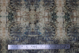 Flat swatch Muted Medallions fabric (off white and pale medium blue fabric with distressed look, subtle black text and lines, and circular faint cream decorative medallions)