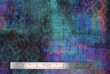 Flat swatch Rue Le Peiter fabric (teal, blue, pink, purple marbled look fabric with subtle black lines, cursive text/numbers and subtle black floral/leaf design)