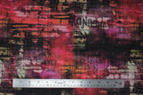 Flat swatch Hotel Burgandy fabric (multi-tonal marbled/distressed look fabric in grey, green, pink, purple, orange, red with black distress lines and marks and subtle black text)