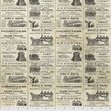 Flat swatch Undertaker fabric (newspaper ad look vintage style fabric 'undertaker' ads and text allover)