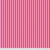 Swatch of tent stripes printed fabric in poppy (red/pink)