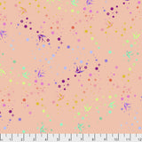 Flat swatch sherbet fairy dust fabric (pale orange fabric with small tossed dots, stars, bursts and birds in rainbow shades)