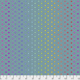 Square swatch Peacock fabric (teal blue hexagon print fabric with rainbow coloured metallic effect center dots throughout)