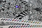 Raw hem swatch linework themed fabric in tall tails (black fabric with intricate white birds/peacock design, multi-coloured hearts)