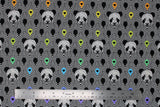 Flat swatch linework themed fabric in pandanmonium (panda heads on white and black scalloped stripe pattern with multi-coloured heart badges)