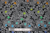 Flat swatch linework themed fabric in lemur me alone (black and white lemurs on leafy trees with multi coloured dots on small dot patterned background)