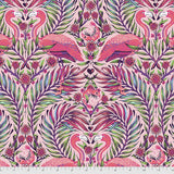 Square swatch Dragonfruit fabric (pale pink fabric with busy tossed greenery leaves with pink and blue shades as well, tossed flamingo birds facing one another)
