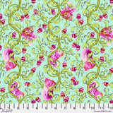 Square swatch Oh Nuts fabric (mint fabric with busy green vine design allover with pink squirrels and acorns)
