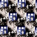 Square swatch Doctor Who printed fabric (blue Tardis box and black and white characters)