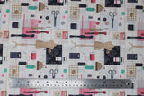Flat swatch couture fabric (off white fabric with faint grey stripes and tossed sewing elements scissors, buttons, thread, pins, needles, cushions, wooden forms, etc. in neutrals, black and pink/turquoise colourway)