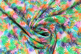 Swirled rainbow leaves Borabora fabric (white fabric with heavily layered tropical style leaves in black, green, blue, pink, orange ranging in levels of transparency)