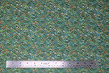 Flat swatch Kruger fabric (teal and green patterned fabric with orange and white accents all in a flowing swoopy DNA-like pattern)