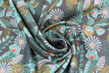 Swirled swatch Morris fabric (darkest green/blue fabric with busy layered jungle look greenery in various shades of green and teal with subtle pink accents on some plants)