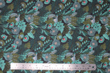 Flat swatch Morris fabric (darkest green/blue fabric with busy layered jungle look greenery in various shades of green and teal with subtle pink accents on some plants)