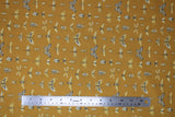 Flat swatch gold bugs fabric (dark yellow/gold fabric with white/dark grey insects allover including butterflies, bees, dragonflies, ladybugs, etc.)