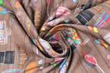 Swirled swatch jars fabric (brown barn board background with tossed clear candy jars in various styles/shapes with different brightly coloured candies within)