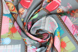 Swirled swatch stocked fabric (pale grey/green fabric with brown shelf lines with colourful and decorative candies and jars, coffee tins, lollipops, etc.)