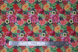 Flat swatch floral collage fabric (medium sized floral heads in pink, red, yellow, orange with large green leaves)
