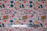 Flat swatch supplies fabric (pale pink fabric with small tossed craft elements allover, journal, coloured pencils, paint swatches, glasses, pop poms, yarn, etc.)