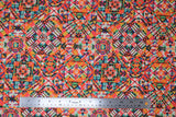 Flat swatch abstract fabric (busy abstract geometric design quilt square look fabric on white in heavy orange, pink, black, purple, green colourway)