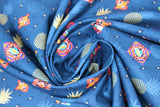 Swirled swatch pineapples fabric (dark blue fabric with lines/stripes of small sideways pineapples and squares of abstract print. Pineapples are blue and yellow and have various designs. In between lines of pineapples are tiny stipe lines of black diamonds with yellow dots within.)