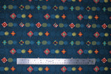 Flat swatch pineapples fabric (dark blue fabric with lines/stripes of small sideways pineapples and squares of abstract print. Pineapples are blue and yellow and have various designs. In between lines of pineapples are tiny stipe lines of black diamonds with yellow dots within.)