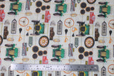 Flat swatch auto fabric (off white fabric with pale yellow/green grid lines and tossed vintage car related emblems, green old car, tires, odometers, horns, road signs, etc. in full colour)