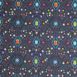 Square swatch Carcas fabric (dark blue/black fabric with busy southwest look pattern with geometric style shapes allover in blue, orange, pink, purple colourway)