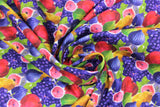 Swirled swatch apple, grape, pear fabric (pale/white look fabric with small busy full colour collaged style fruit in purple grapes and figs, red apples, green and yellow pears, etc.)