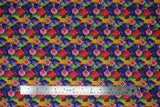 Flat swatch apple, grape, pear fabric (pale/white look fabric with small busy full colour collaged style fruit in purple grapes and figs, red apples, green and yellow pears, etc.)