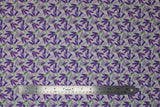 Flat swatch lavender fabric (white fabric with small tossed purple lavender bouquets with green stems criss crossing over one another pattern repeated allover)