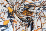 Swirled swatch horse fabric (off white fabric with tossed brown and white painted look horses with brown saddles and bits, jockey boots on horses saddles, etc)