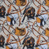 Square swatch horse fabric (off white fabric with tossed brown and white painted look horses with brown saddles and bits, jockey boots on horses saddles, etc)