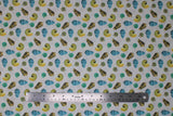 Flat swatch shells fabric (white fabric with small tossed beach look shells allover in various styles in blue, green, yellow, natural colourway)