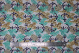 Flat swatch anchors & coral fabric (white fabric with medium sized teal green and beige/natural coral plants allover and steel look anchors with rope in various positions)