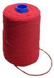 A large spool of red elastic twine on a white background, some of the twine unwrapped and curled beside the spool