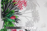 Flat swatch of decor weight canvas in floral/tree pattern