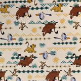 Square swatch The Lion King fabric (white fabric with yellow/beige/teal geometric mountains and suns pattern and Simba, Timon, Pumba, Zazoo characters)