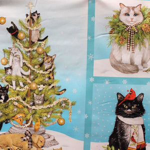 Square swatch - Holly Jolly Christmas Kitty Panel - 24"x 45" (rectangular panel with 2 squares on either side with Christmas themed kitties within and large Christmas tree rectangular patch in middle with kitties climbing allover, blue borders with white snowfllakes)