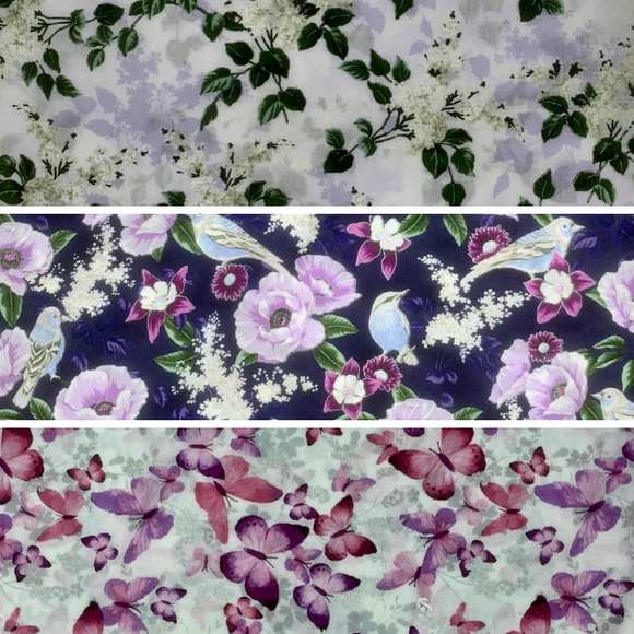 Group swatch assorted Fly Freely floral fabrics in various styles/colours