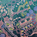 Square swatch Wilshire Sunset fabric (busy design allover: geometric shapes, swirls, leaf look shapes, dots, etc. in teal, blue, purple, peach, green light and pale shades)