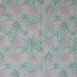 Square swatch Sun Print Luminance Flourish: Birds & Bugs fabric (white fabric with faint pink badge look stars allover and thin green outline drawings of birds and insects allover with tossed outline stars)