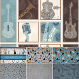 Group swatch assorted Rhythm & Harmony themed fabrics in various styles/colours