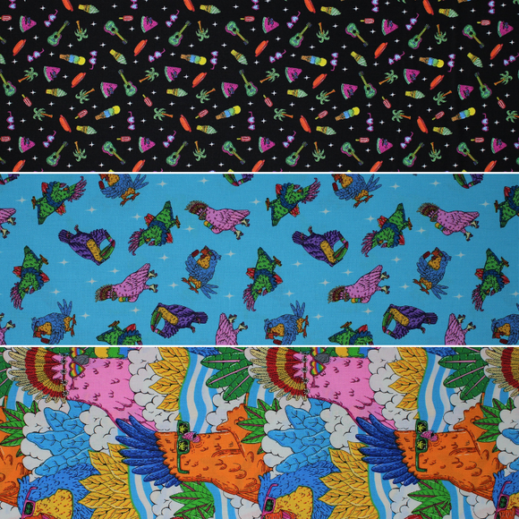 Group swatch Summer Birds themed fabrics in various styles/colours