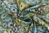 Swirled swatch Peacock fabric (busy collaged illustrative style peacock feathers allover in green and teal shades)