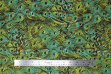 Flat swatch Peacock fabric (busy collaged illustrative style peacock feathers allover in green and teal shades)